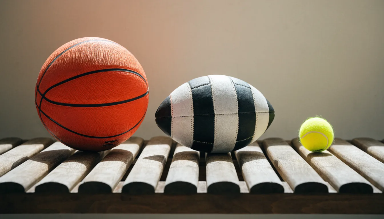 Três bolas de desportos diferentes alinhadas lado a lado num banco de madeira